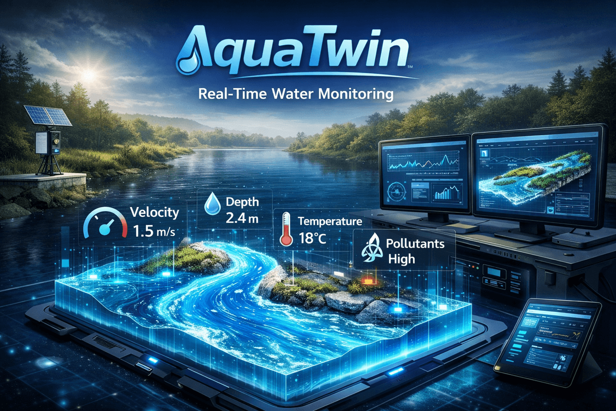 AquaTwin digital twin monitoring water body with real-time velocity, depth, temperature, and pollutants data